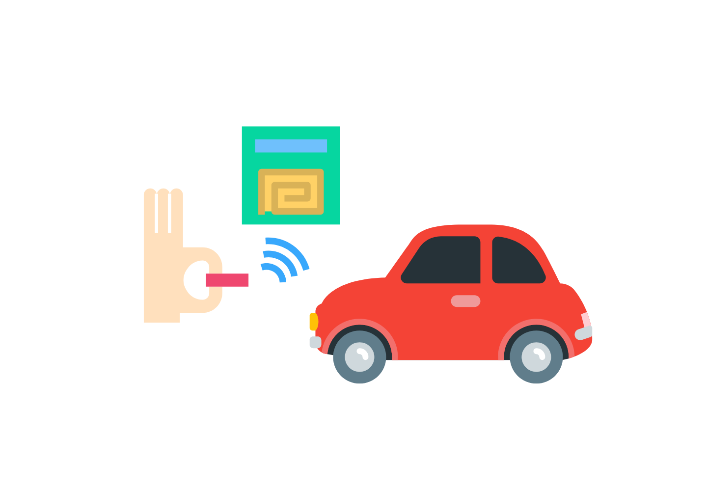 Grafika przedstawiająca czerowny samochód oraz rękę trzymającą kartę RFID.