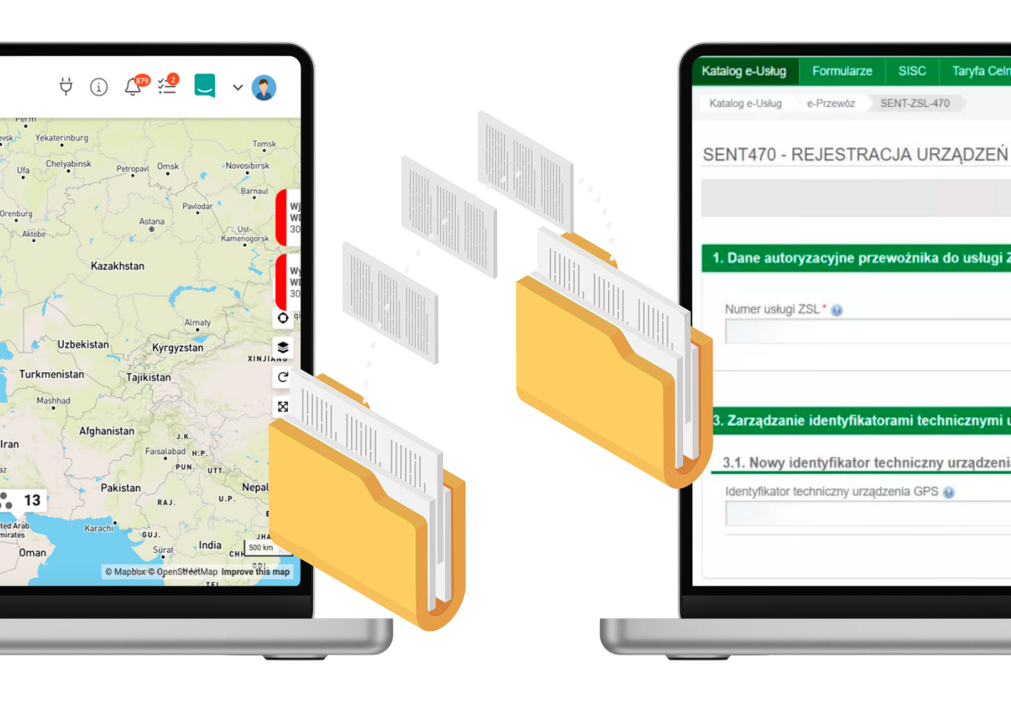 Dwa laptopy, na laptopie po prawej witryna Sent GEO, na laptopie po lewej aplikacja GPS Guardian. Pomiędzy laptopami dwa foldery symbolizujące przesył danych.