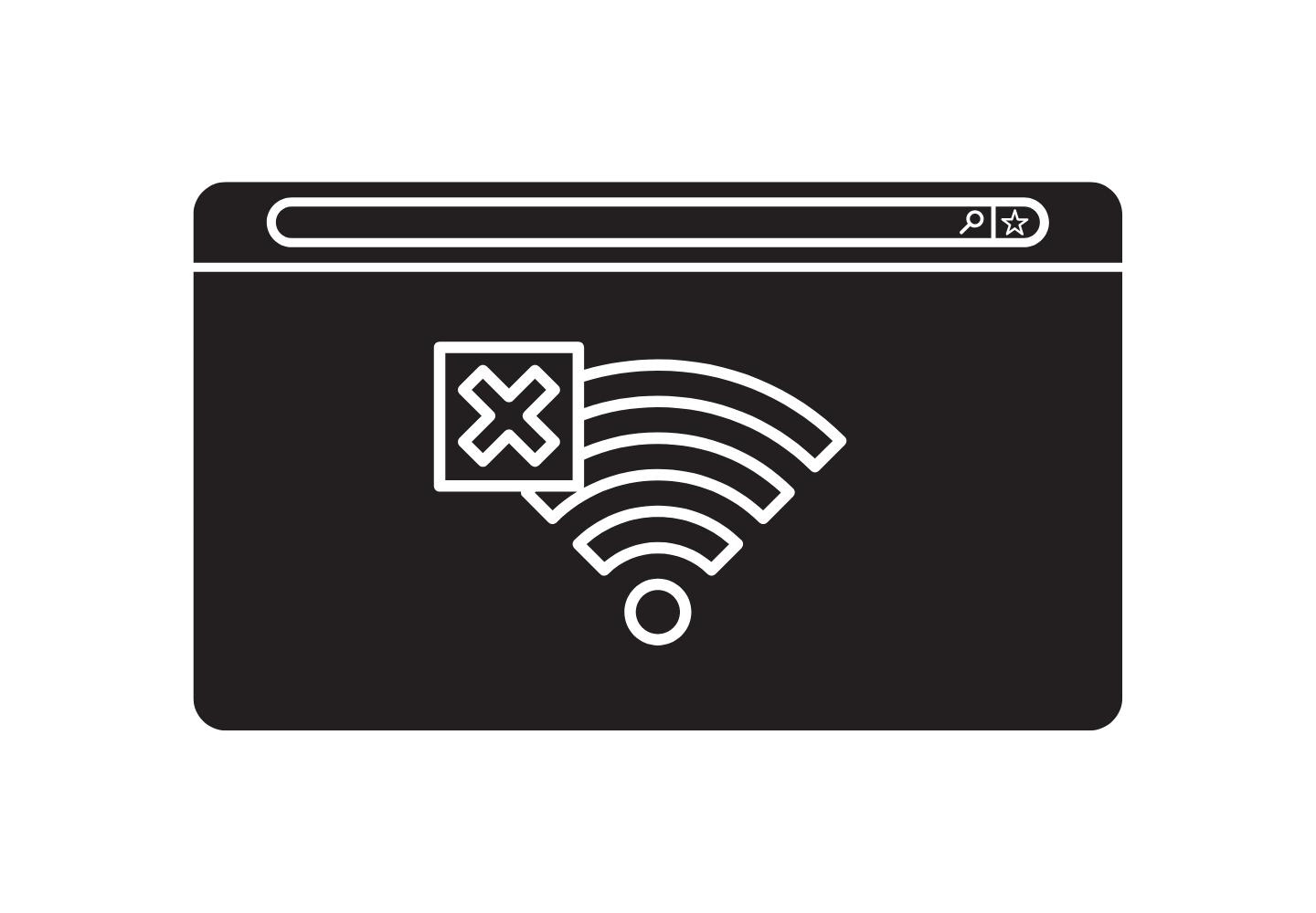 Grafika przedstawiająca stronę internetową i ikonę informującą o braku zasięgu.