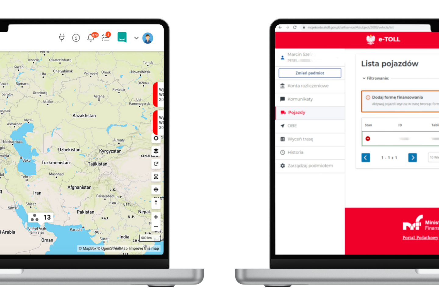Dwa laptopy na prawym witryna e-TOLL, na lewym aplikacja GPS Guardian.