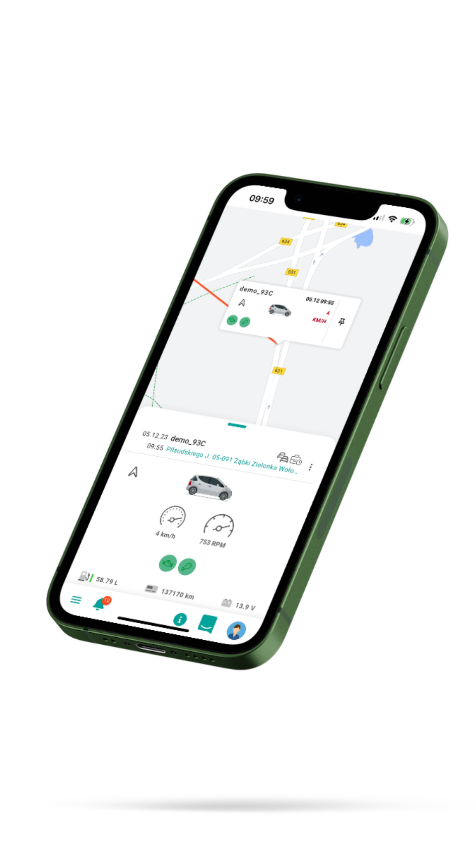 Telefon z widokiem aplikacji, widoku śledzenia pojazdu. Widoczne wszytskie parametry.